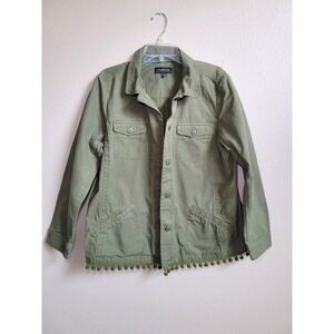 Talbots Womens Jacket Pom Pom Army Green Flap Pockets Gorpcore Lightweight Sz XL